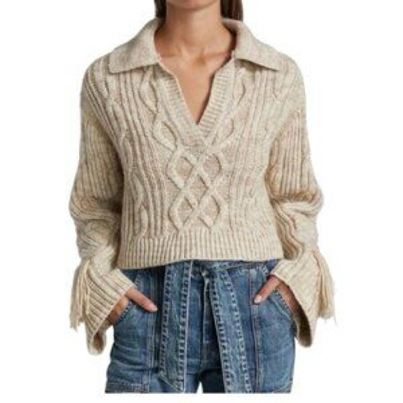 Cozy Fringe Tan Sweater Collared Size L western Boho V-neck - Picture 1 of 6